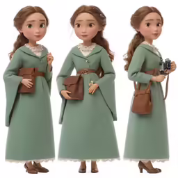 three dolls wearing dresses and holding a purse