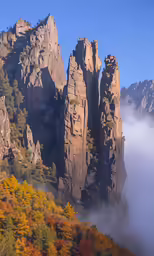 a fog covered forest below rocky mountains in autumn