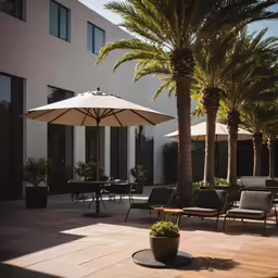 a table and some chairs and a large umbrella
