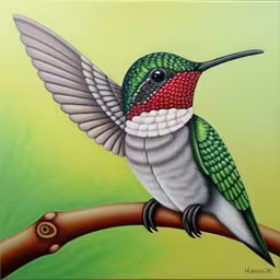 a small painting on a green and yellow background,a painting of a hummingbird on a branch,a humming bird sitting on top of a branch,a painting of a hummingbird sitting on a branch,a colorful bird sitting on top of a tree branch