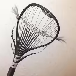 the badminton racket is leaning on the wall