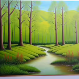 a painting of a river running through a park,a painting that is in the shape of a forest,a painting with a stream running through it,a painting of a stream is in the foreground of a grass field with trees,a painting with green grass and trees and stream