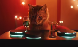 a cat that is sitting by some glasses
