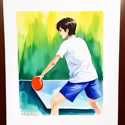 a painting of a man with a ping pong racket and ball