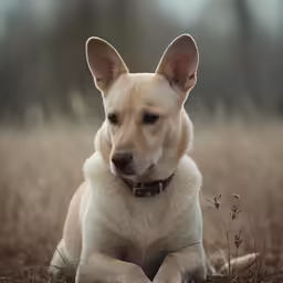 a tan and white dog laying in the grass