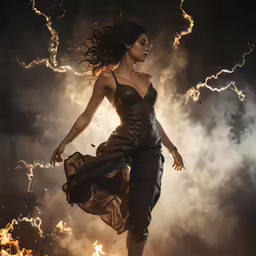 a girl is in the middle of a fiery photo