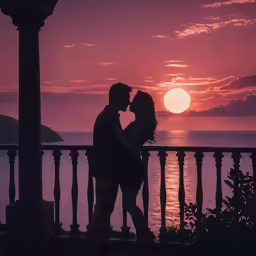 a couple kissing under an orange sunset on the beach