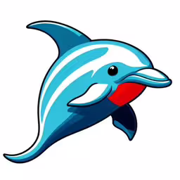 an animated dolphin is featured for the mascot,a dolphin with red nose and mouth looking upward