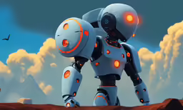 a cartoon robot stands on a rocky surface, with orange glowing eyes