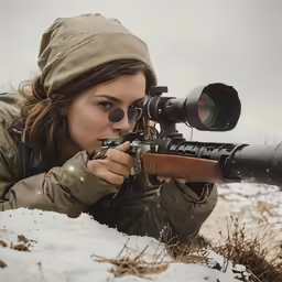 a woman is kneeling in the snow with her rifle