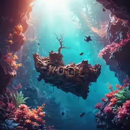 a painting of a boat in a deep blue underwater world