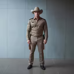 a man in a uniform standing with a gun