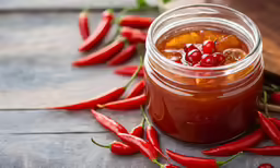 a jar filled with jam next to small red hot peppers