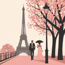a couple under an umbrella in the park in front of a tall tower