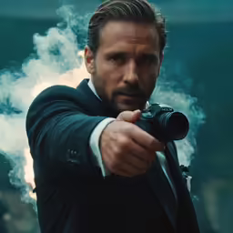 a man in a suit with his hand on a camera