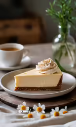 a close up of a slice of cheesecake on a plate with coffee