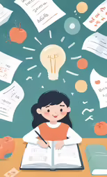 girl sitting at desk doing homework and surrounded by flying papers and lights