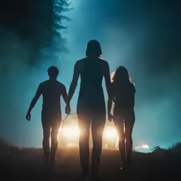 three friends holding hands walking toward a car at night
