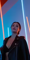 a young woman in a black jacket is posing