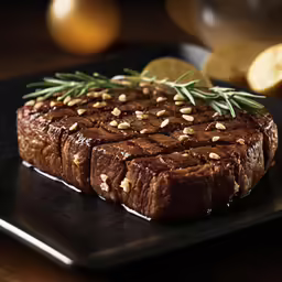 steak served with spices and herbs on a black plate