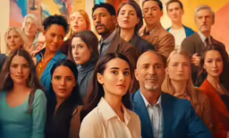 a group of people looking at the camera with one person showing