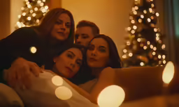 three women laying in bed with lights all around them