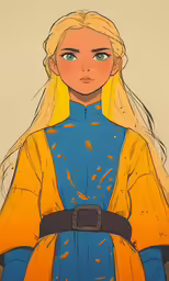 a woman with blonde hair wearing blue clothes