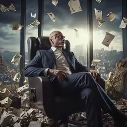 a man sitting in a chair that is full of money falling
