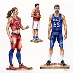 a drawing of two athletes and a woman with a basketball,two pictures show a basketball player and another player,two people with sports uniforms, one wearing a red and blue uniform,three basketball players standing and talking to each other,two basketball players wearing different uniforms and holding a ball