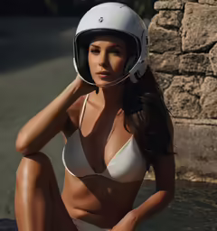 a woman sitting next to a rock wall wearing a white bikini