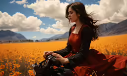 the woman in the red dress is riding her motorcycle