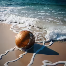a beach with waves coming in and a ball on the sand