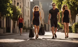 three people walking down a street carrying bags