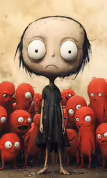 a girl surrounded by little red devils staring at the viewer