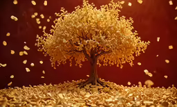 a tree made out of gold leaves against a red background