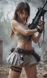 a woman holding a gun with a rifle in her hand
