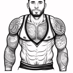 a drawing of a man with tattoos on his arms and chest,a man in his underwear with lots of tattoos,a drawing of a man with no shirt,a man with tattoos on his chest is standing,a person with tattoos and a tank top