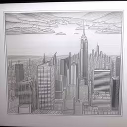 an artwork is shown with cityscape in the background,this drawing is in black and white, and shows a large city