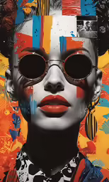 a person with red glasses and a large multi - colored background