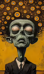 a creepy person with green hair and eyes