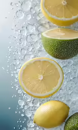 four lemons, two lemon and a lime slice laying on ice
