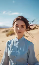 an image of woman in blue shirt on the beach