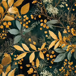 several yellow leaves and tiny white flowers on a green background