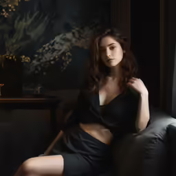 a beautiful woman sitting on top of a couch next to a painting