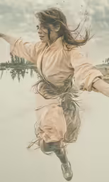 a woman standing in the water with her arms spread