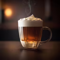 cup with steam rising from it, covered with foam
