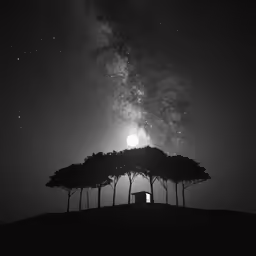 the night sky with stars above some trees