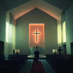 a man standing in front of a church pew
