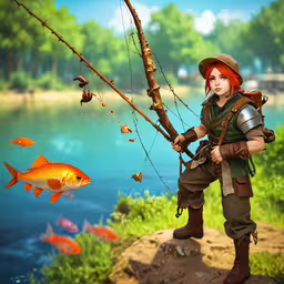 a painting of a boy with a fishing rod,the boy is fishing on his boat with fish in it