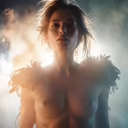 a woman with no clothes and a bird around her neck